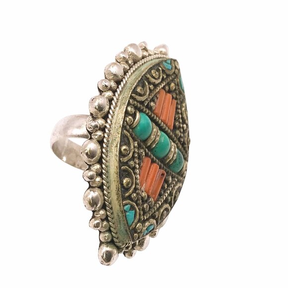Tibetan Silver Coral Turquoise Ring Old Large Afghan Nepal Filigree Vintage - Picture 4 of 6